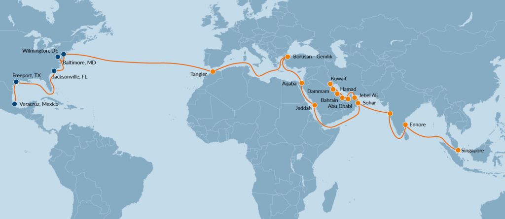 North America To The Middle East, East Africa And Asia 